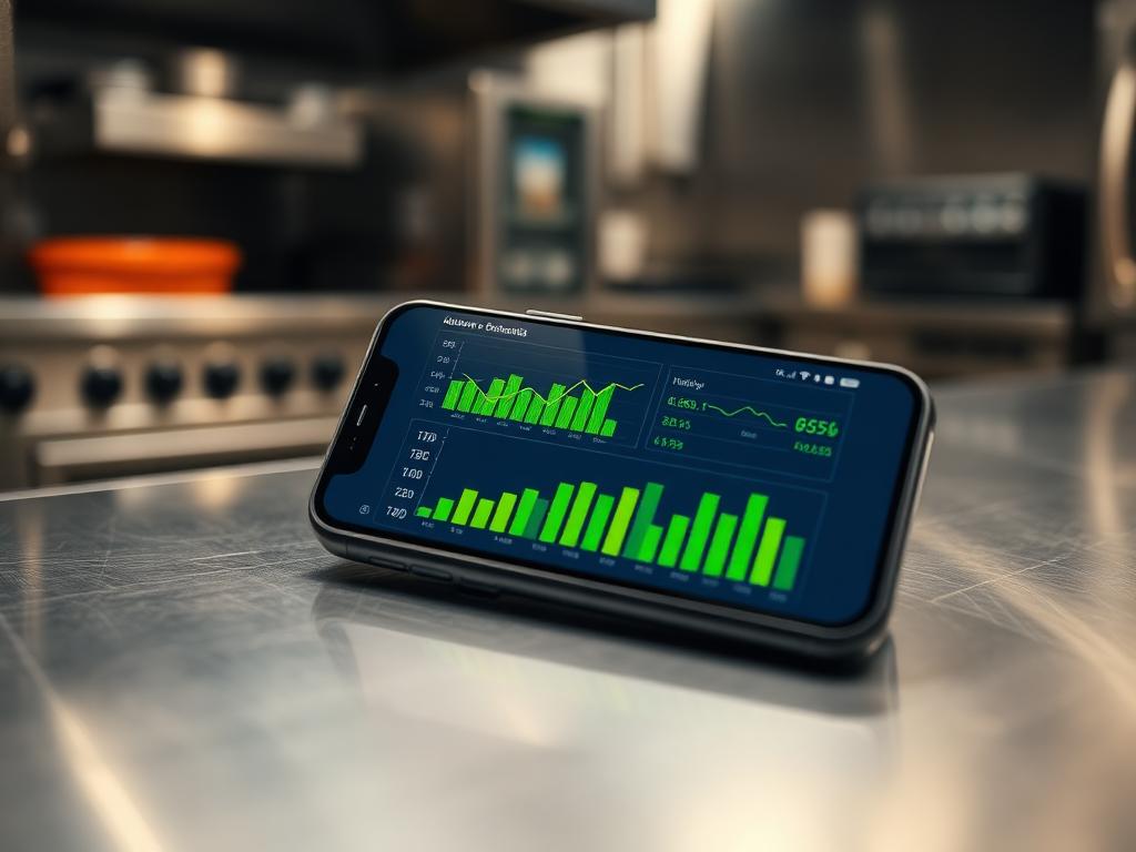 Halcyon Wiz app on a smartphone showing live oil-savings and sustainability charts in a commercial kitchen